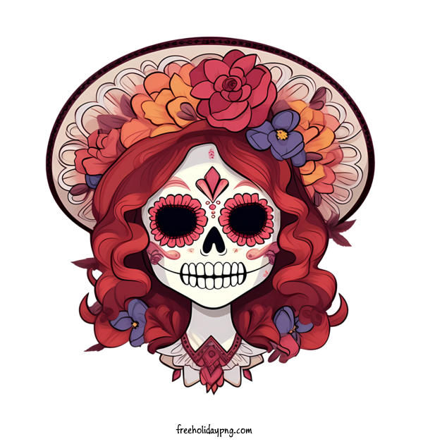 Transparent Day of the Dead La Calavera Catrina sugar skull skull with flowers for La Calavera Catrina for Day Of The Dead